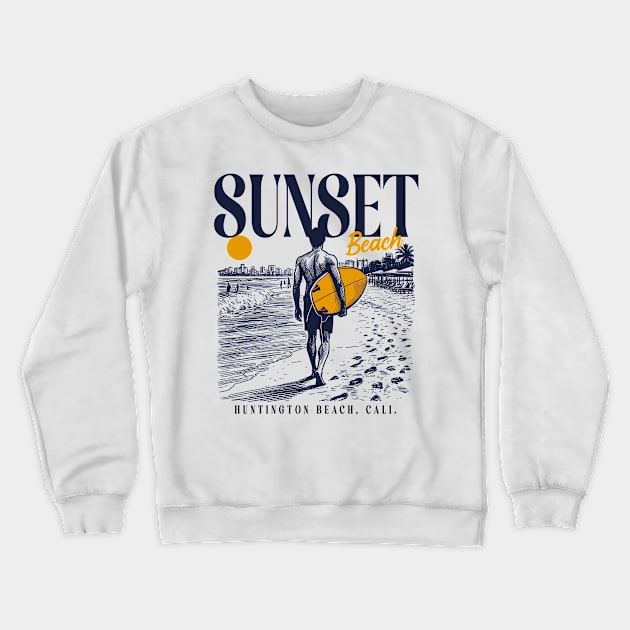 Vintage Surfing Sunset Beach, Huntington Beach, California // Retro Surfer Sketch // Surfer's Paradise Crewneck Sweatshirt by Now Boarding